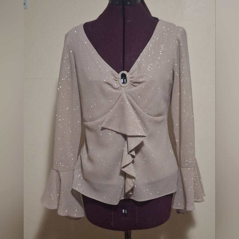 Dressbarn Collection Beige Gold Sparkle Blouse w/ Ruffled neck flare sleeve Sz M